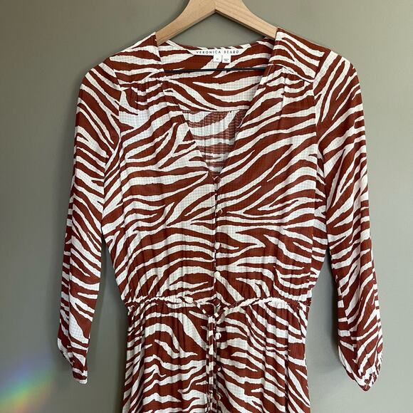 Veronica Beard Mallory Dress Rust Zebra Print Size XS Brown White Tassels Flowy‎ - Picture 4 of 16